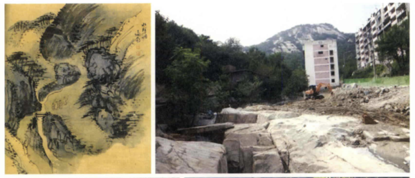-겸재 정선이 그린 수성동 계곡 풍경(왼쪽) /2010년 9월 수성동 계곡 복원 현장(오른쪽) /서울역사박물관 편, 『서촌: 역사 경관 도시조직의 변화』, 서울시, 2010, 146쪽.