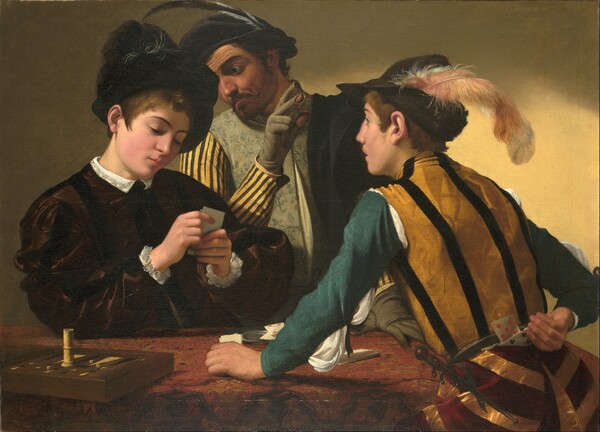 사진 설명 : 카라바조(Caravaggio)의 1954년 작품 카드 사기꾼(The Cardsharps). 운명은 단순히 정해진 것이 아니라, 사람의 지혜와 행동에 따라 바뀔 수 있음을 암시하는 작품. 미 텍사스주 포트워스(Fort Worth) 킴벨 미술관(Kimbell Art Museum) 소장.